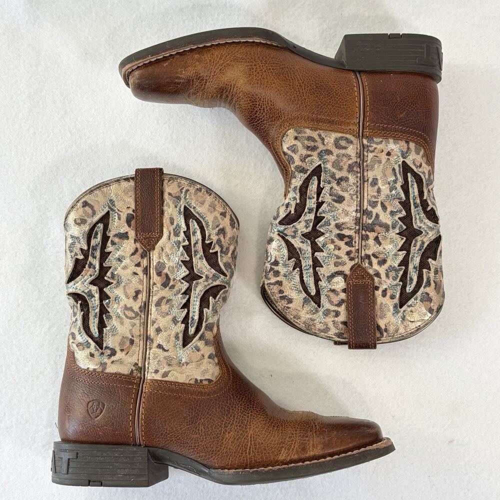 ARIAT Cowboy Boots Kid's 3.5 Spiced Cider Metallic Leopard Brown Square Toe